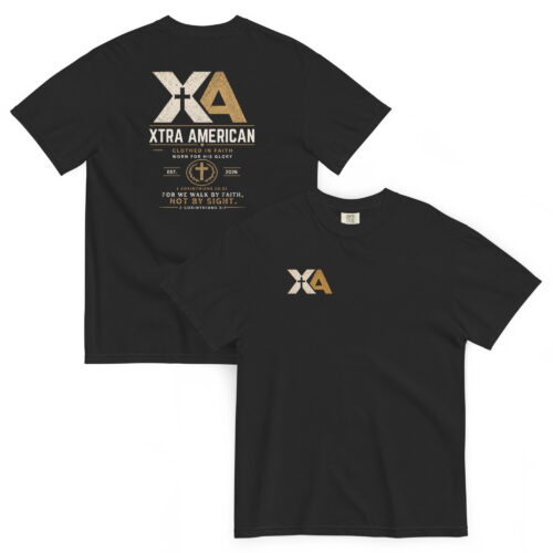 CLOTHED IN FAITH in black, front and back view