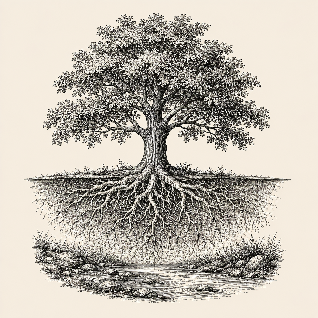 A tree shown above and below ground, its roots spreading wide toward a stream, drawn as an antique engraving.