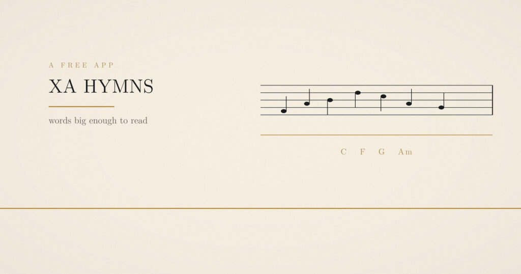 An engraved musical stave with notes and the chords C, F, G and A minor on cream paper, beside the title A free app, XA Hymns.