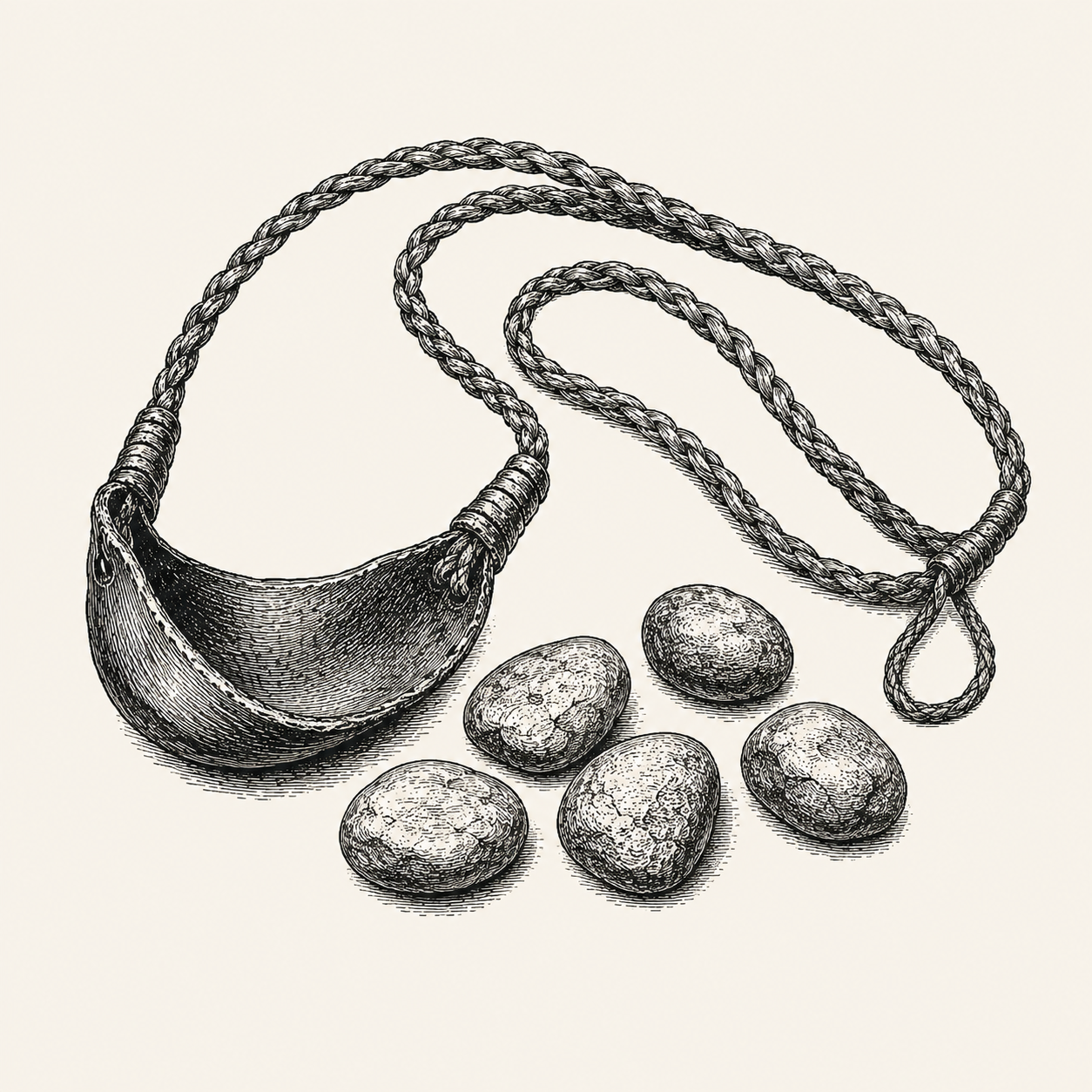 A shepherd’s sling laid flat with five smooth river stones beside it.