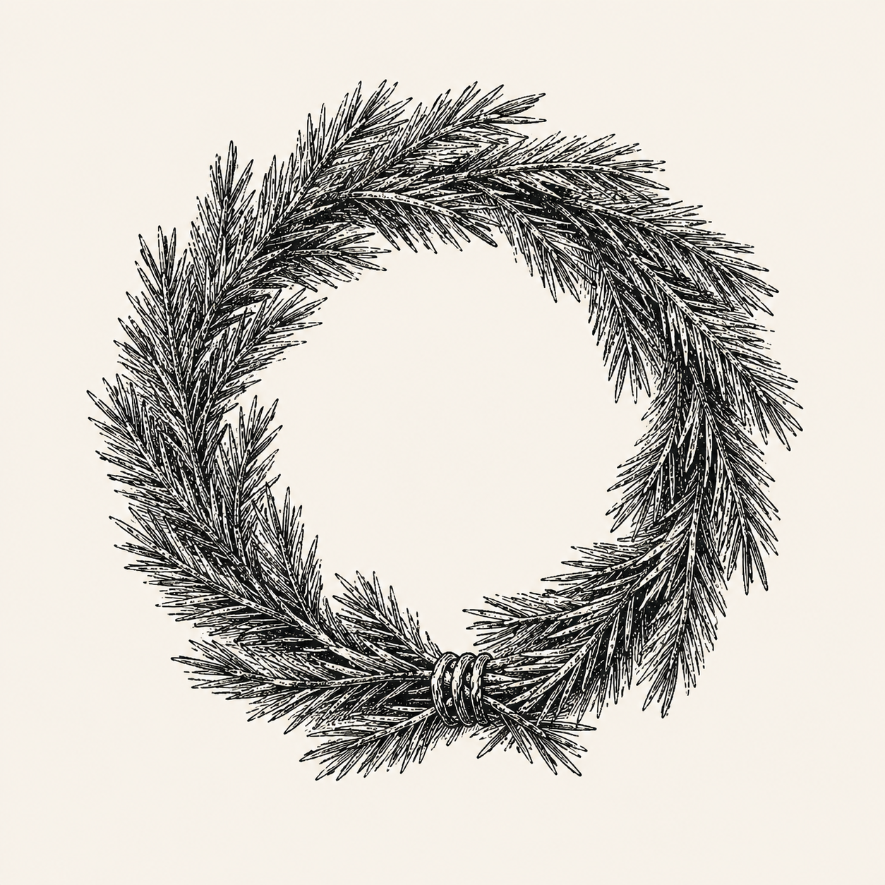 A victor’s wreath woven from pine, drawn as an antique engraving.