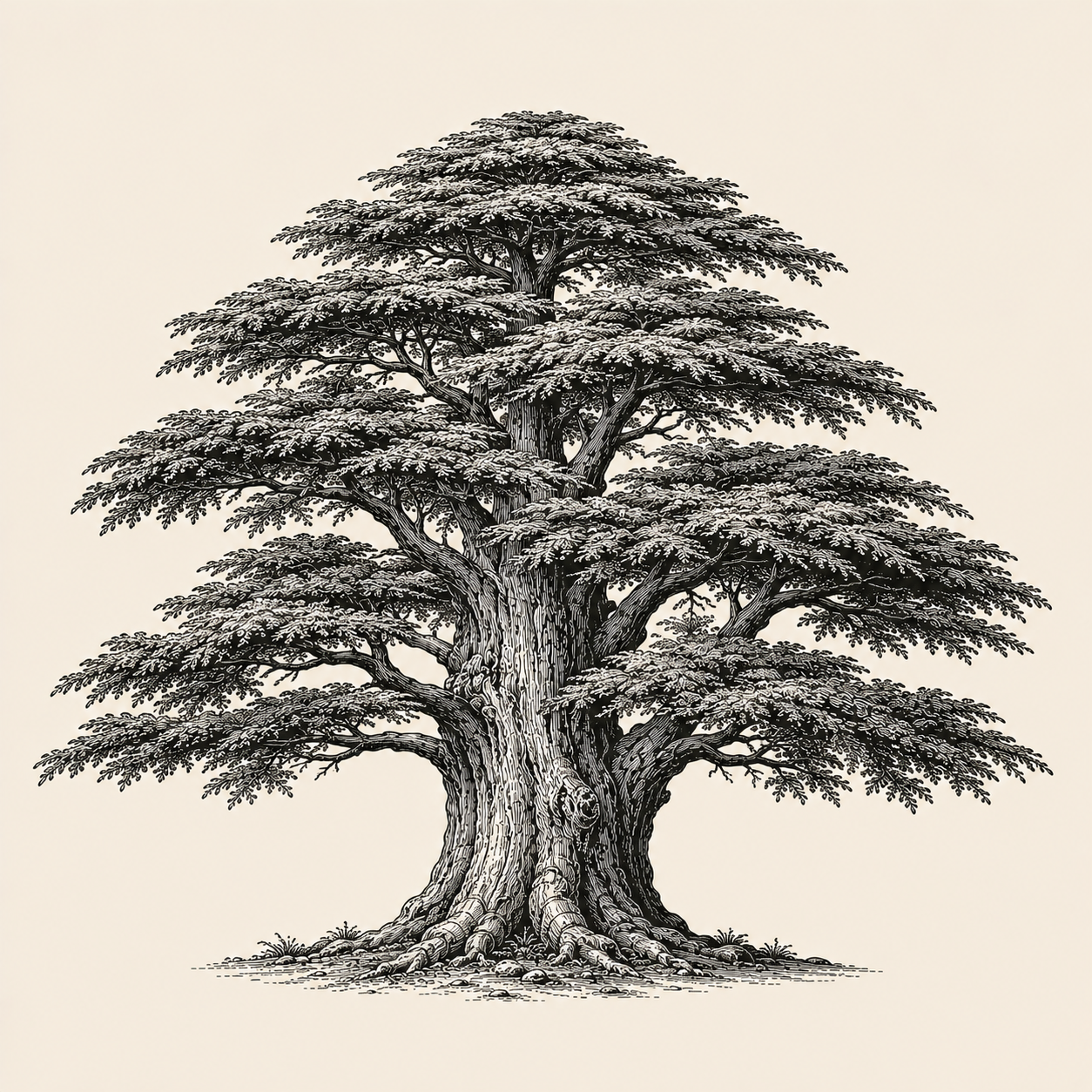 A mature cedar of Lebanon with wide horizontal tiers of branches and a massive trunk, drawn as an antique engraving.