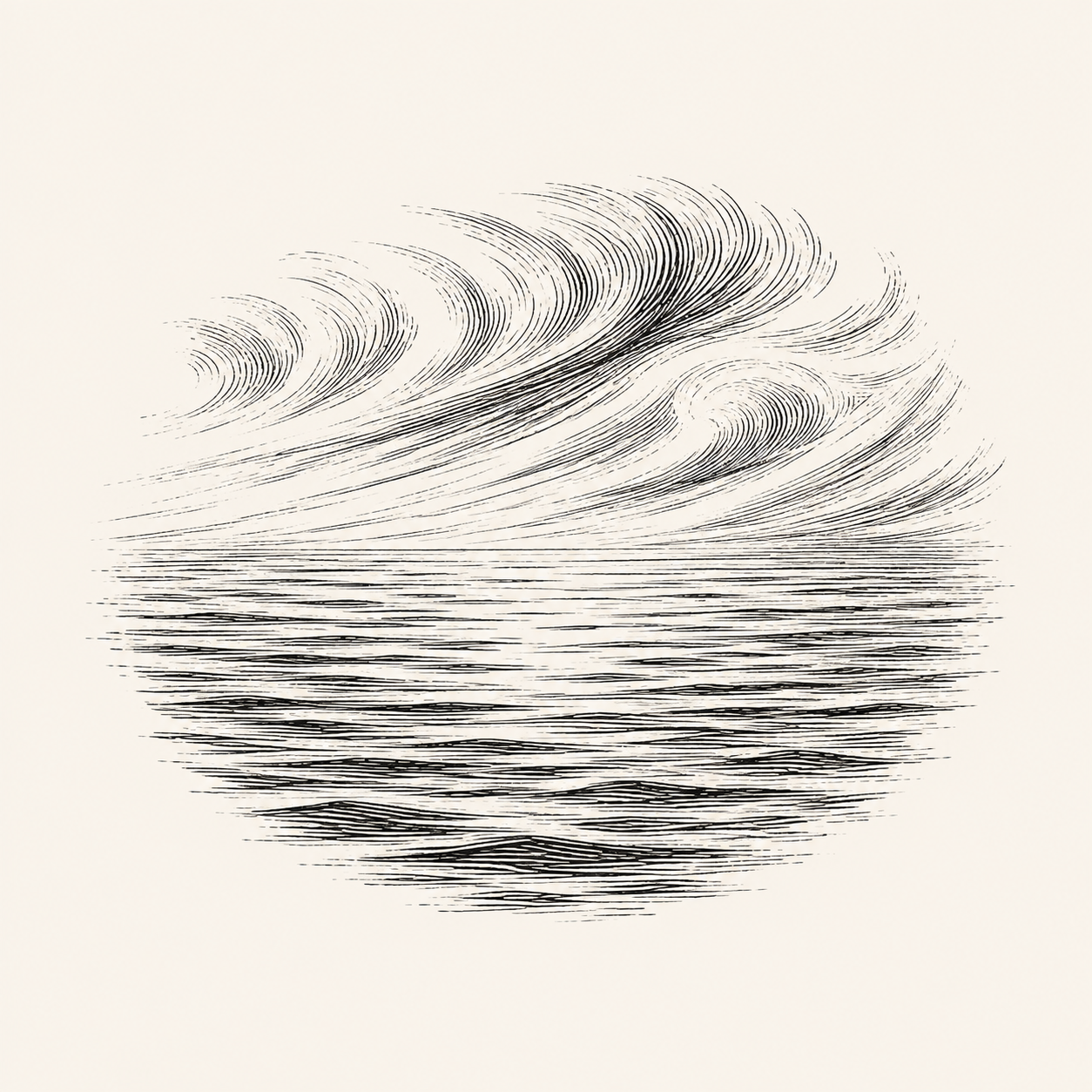 Wind moving across the surface of still water, drawn as an antique engraving.