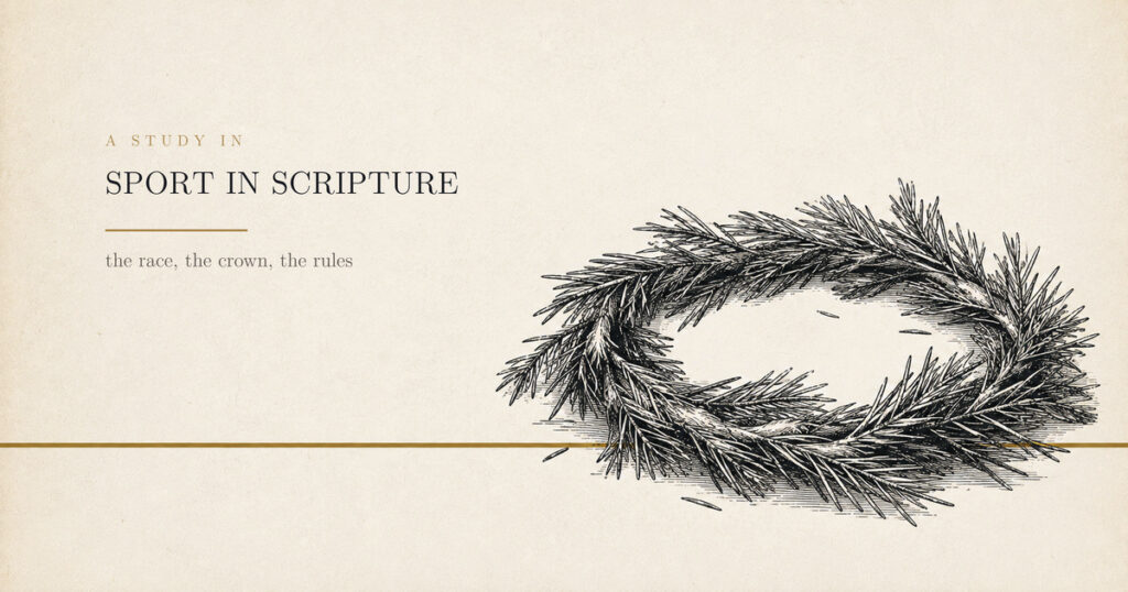 A victor's wreath woven from pine, laid flat and drawn as an engraving on cream paper, beside the title A study in sport in scripture.