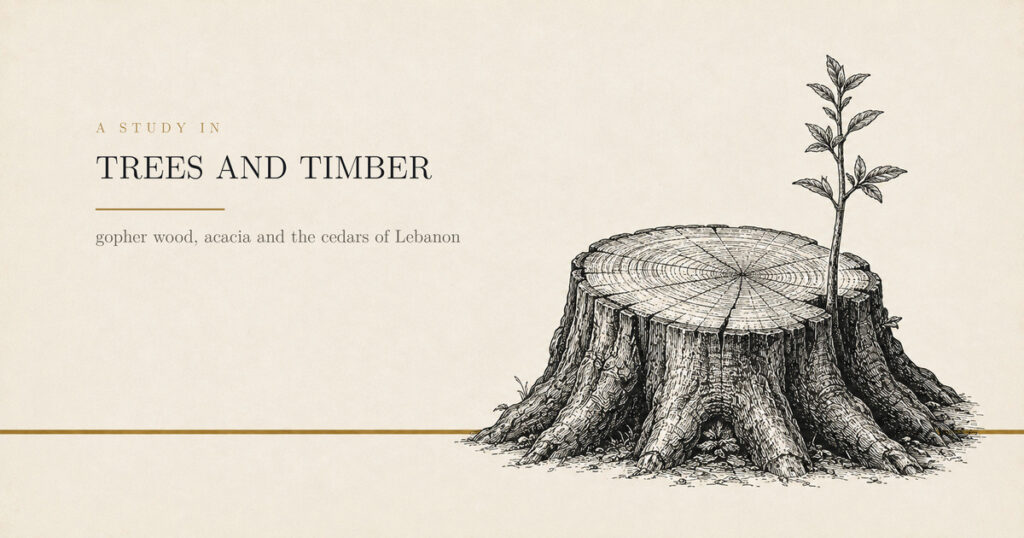 The cut stump of a large tree with a single shoot rising from the edge of the cut, drawn as an engraving on cream paper, beside the title A study in trees and timber.