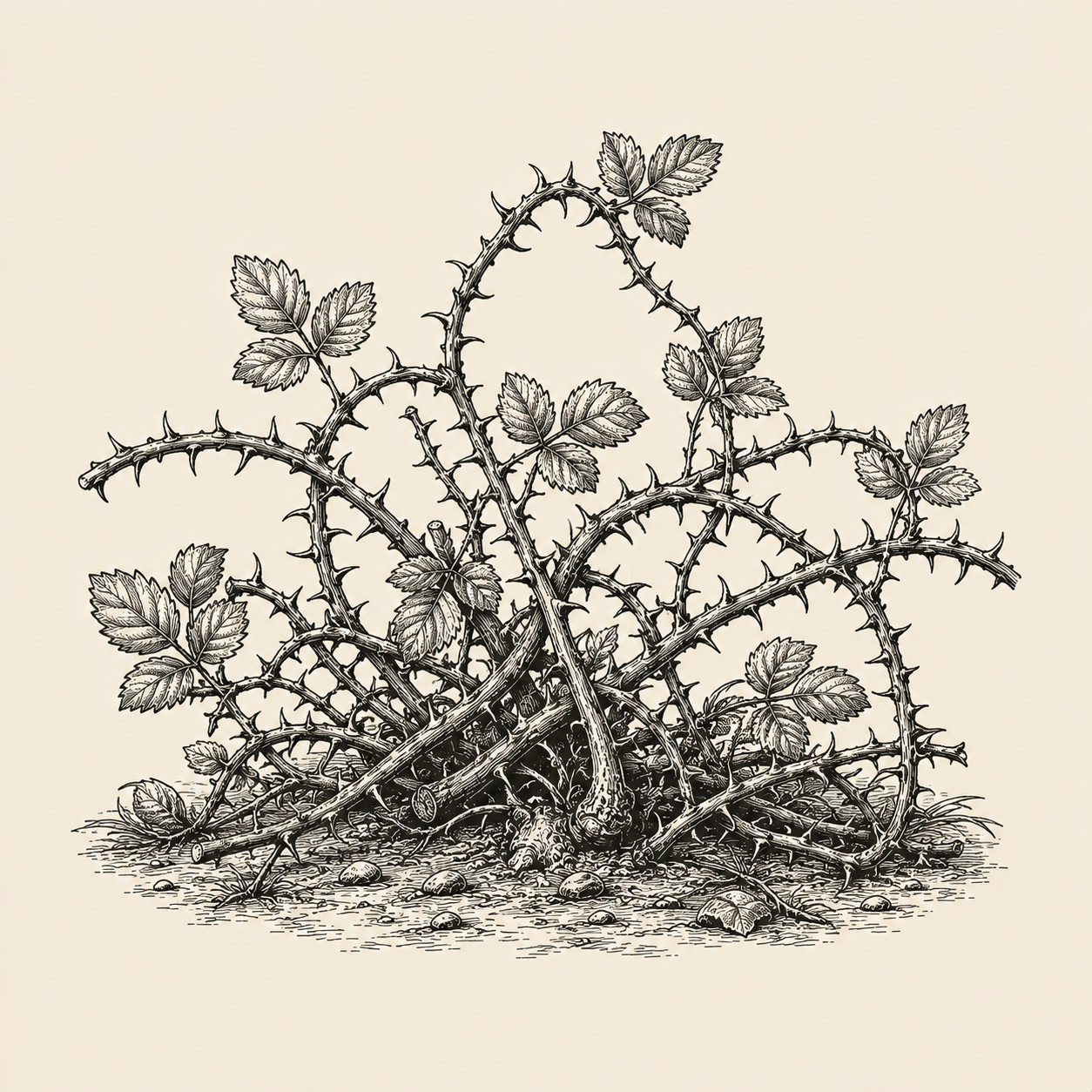 A low tangled bramble covered in curved thorns, drawn as an antique botanical engraving.