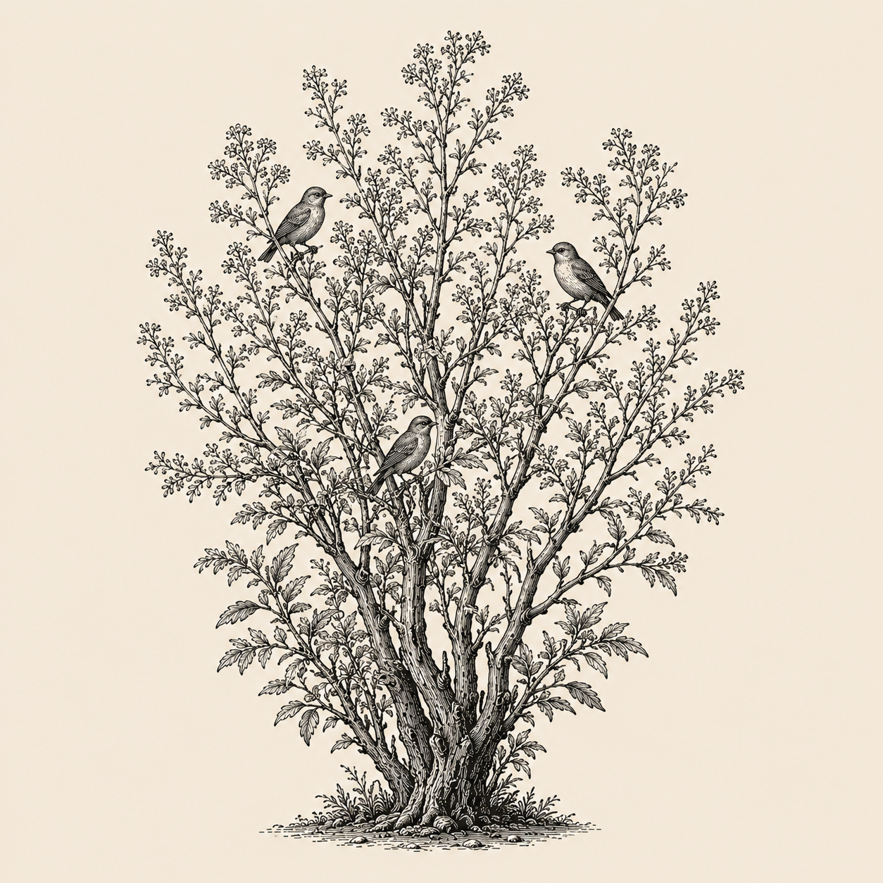 A tall woody mustard shrub with small birds perched in its branches, drawn as an antique engraving.