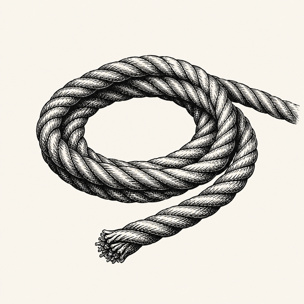 A length of twisted rope coiled once, drawn as an antique engraving.