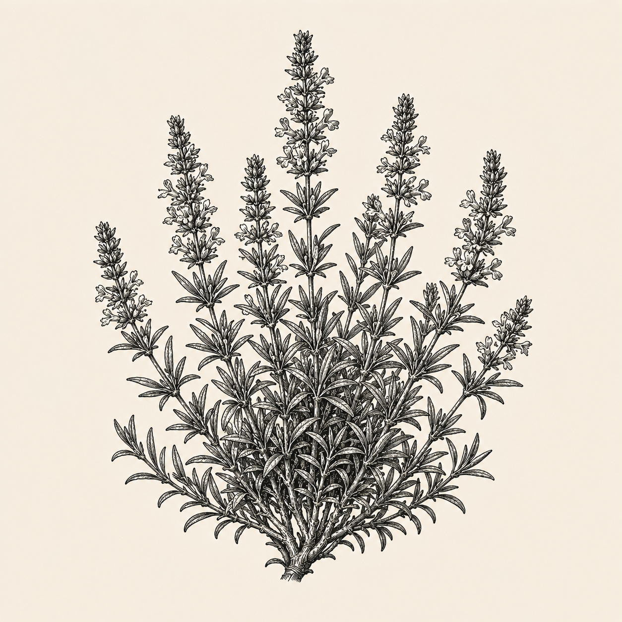 A small bushy hyssop plant with narrow leaves and slender flower spikes, drawn as an antique botanical engraving.
