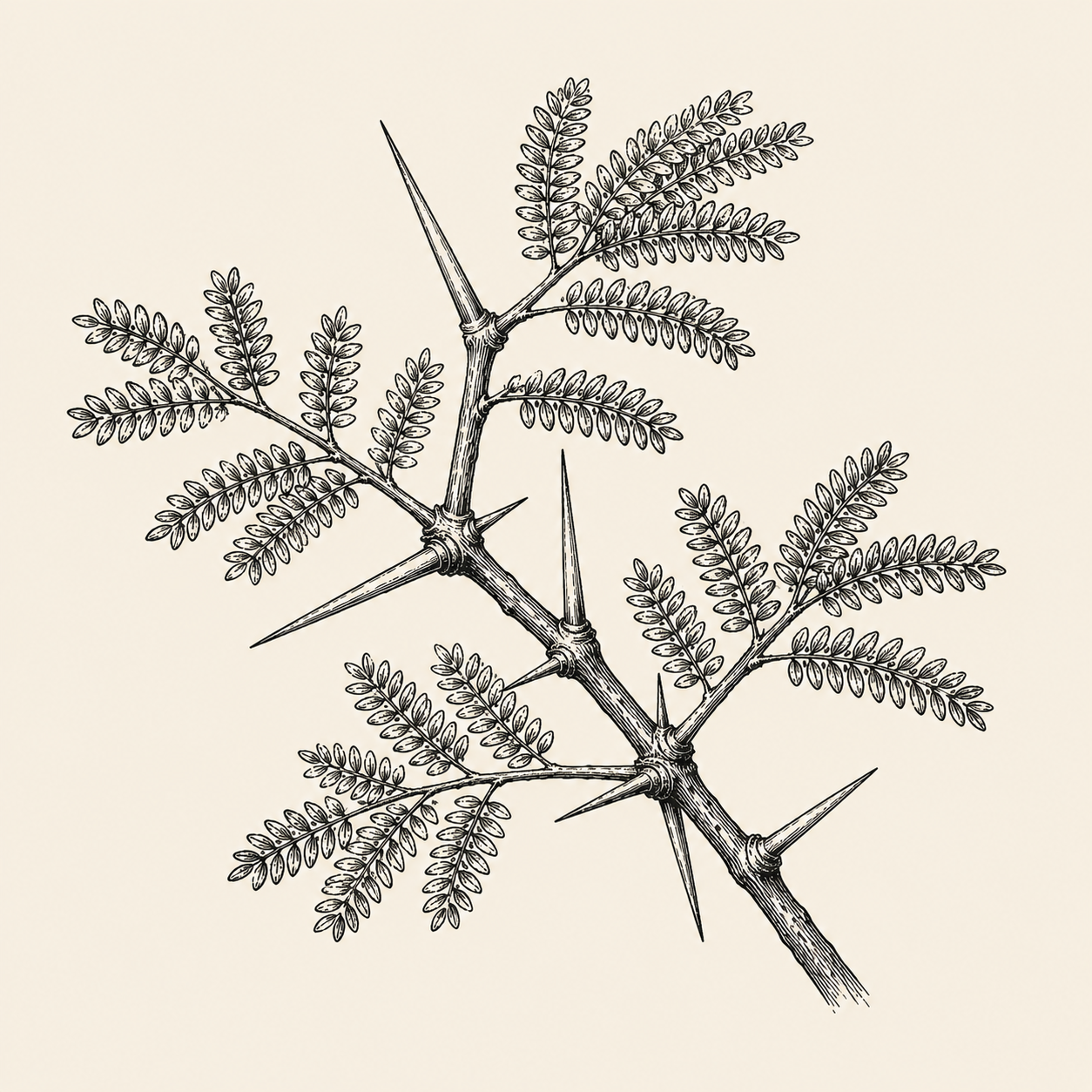 A branch of desert acacia with feathery leaves and long straight thorns, drawn as an antique botanical engraving.