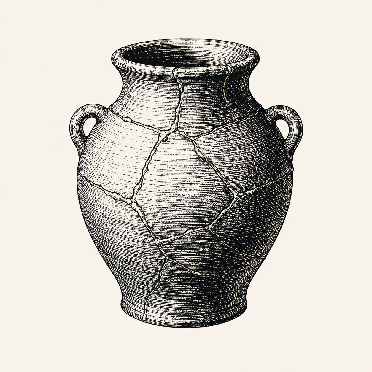 A clay jar that has been broken and carefully mended, drawn as an antique engraving.