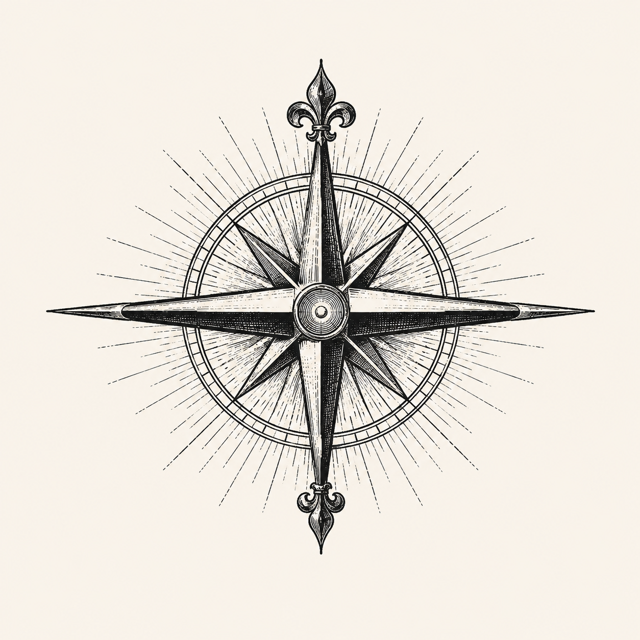 An antique compass rose with the east and west points emphasised.