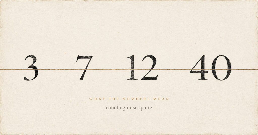 The numerals 3, 7, 12 and 40 set in letterpress type on cream paper, crossed by a thin brass rule, above the words counting in scripture.