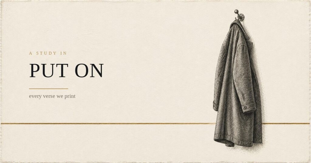 A heavy wool coat hanging on a hook, drawn as an antique engraving on cream paper, beside the title A study in Put On.