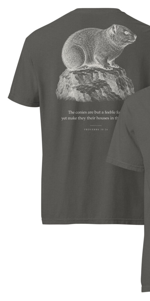 A rock hyrax engraving printed on the chest of a pepper-coloured heavyweight t-shirt.