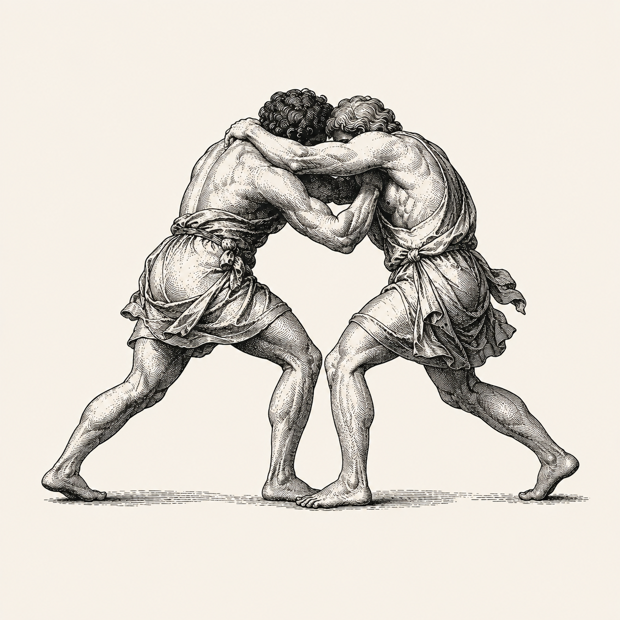 Two men wrestling at close quarters, drawn as an antique engraving.