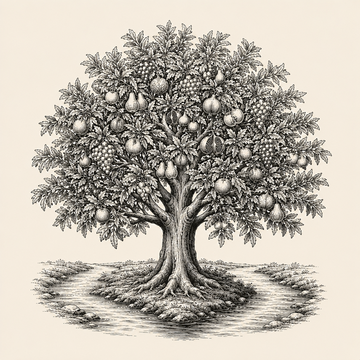 A tree in full fruit standing beside a river, drawn as an antique engraving.