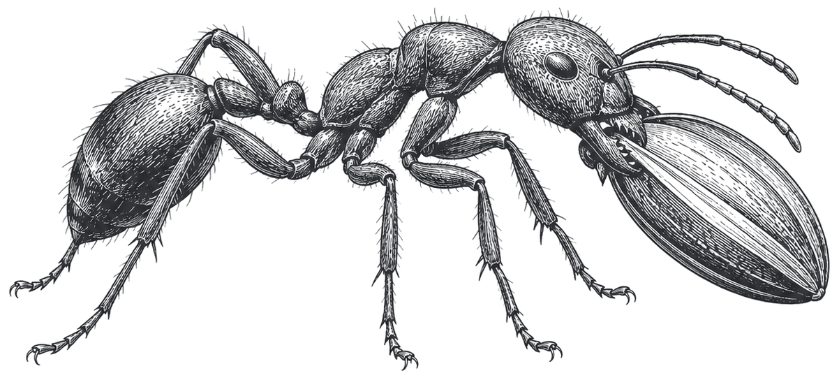 A harvester ant in profile carrying a seed, drawn as a magnified specimen plate.