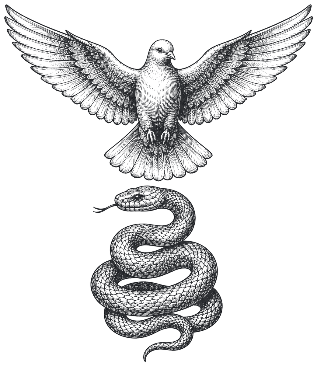 A dove with wings spread above a coiled serpent, drawn as an antique engraving emblem.