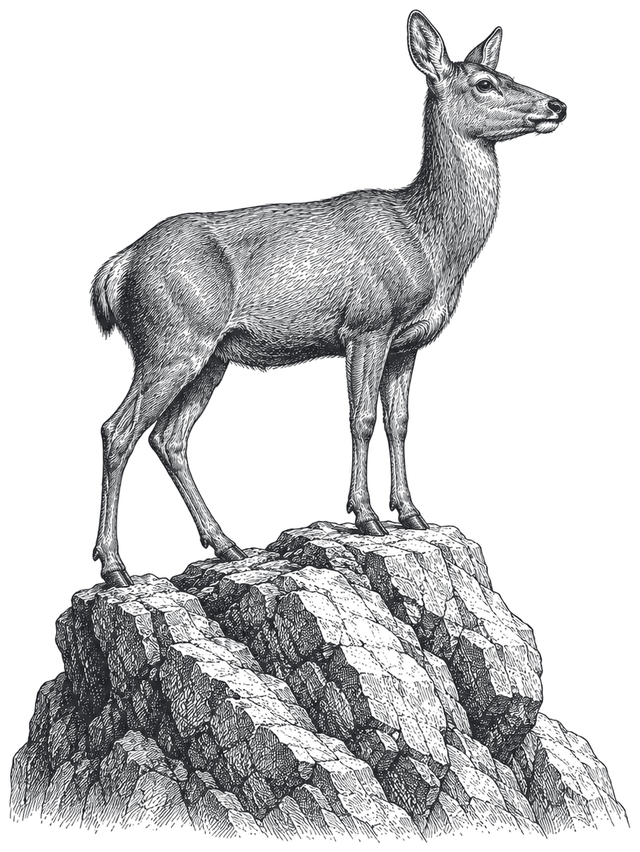 A female deer standing sure-footed on a high rocky crag, drawn as an antique engraving.