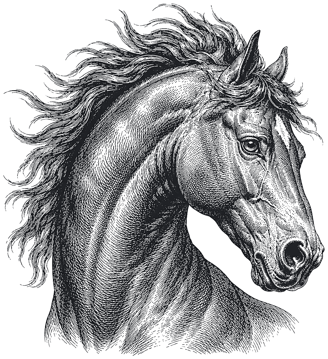 A war horse with arched neck and flying mane, drawn as an antique engraving.