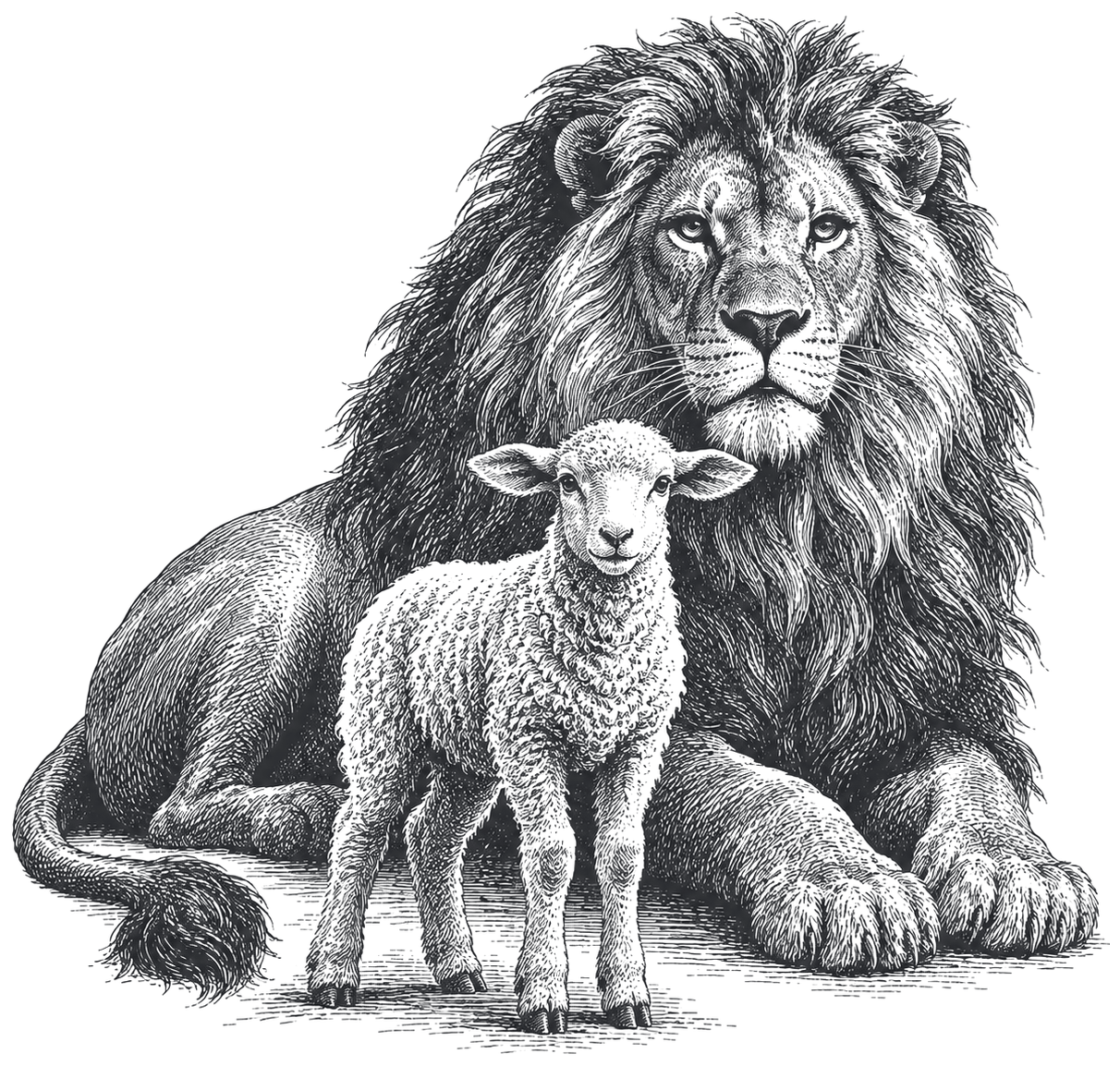 A lamb standing in front of a lion at rest, drawn as an antique engraving.