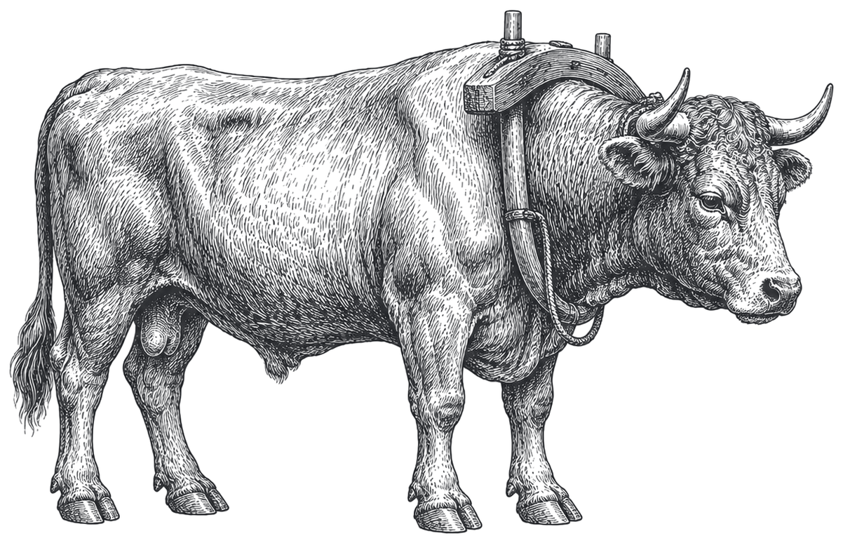 A heavy draught ox standing in profile under a wooden yoke, drawn as an antique engraving.