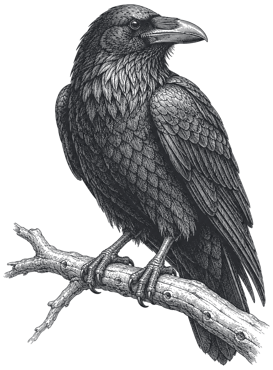 A raven perched on a bare branch, drawn as an antique engraving.