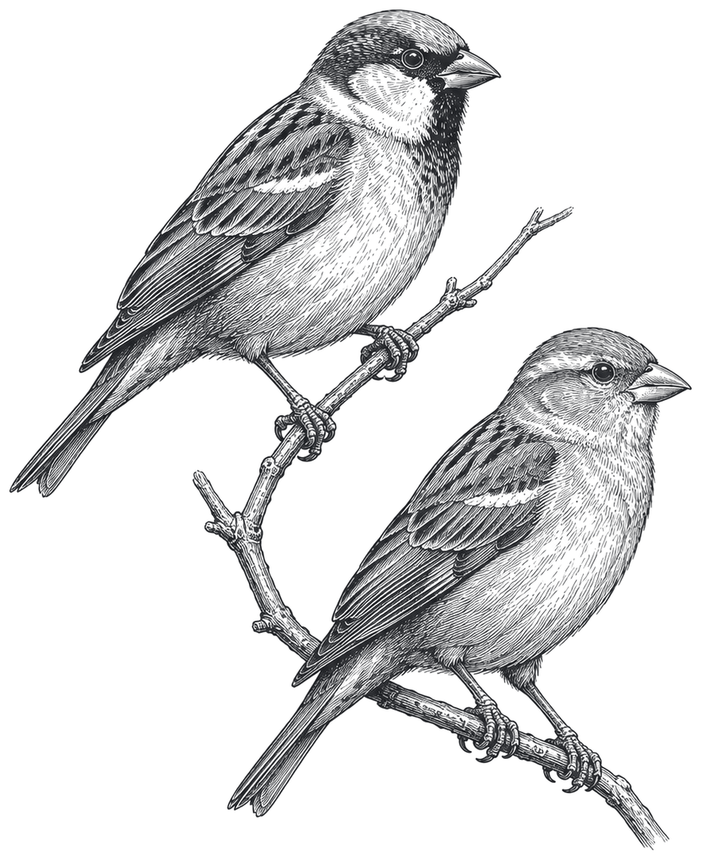 Two house sparrows perched together on a thin bare twig, drawn as an antique engraving.