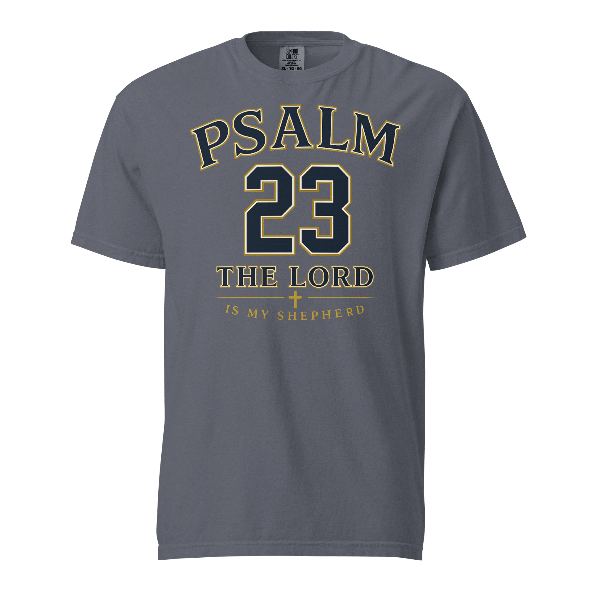 PSALM 23 in denim, front view