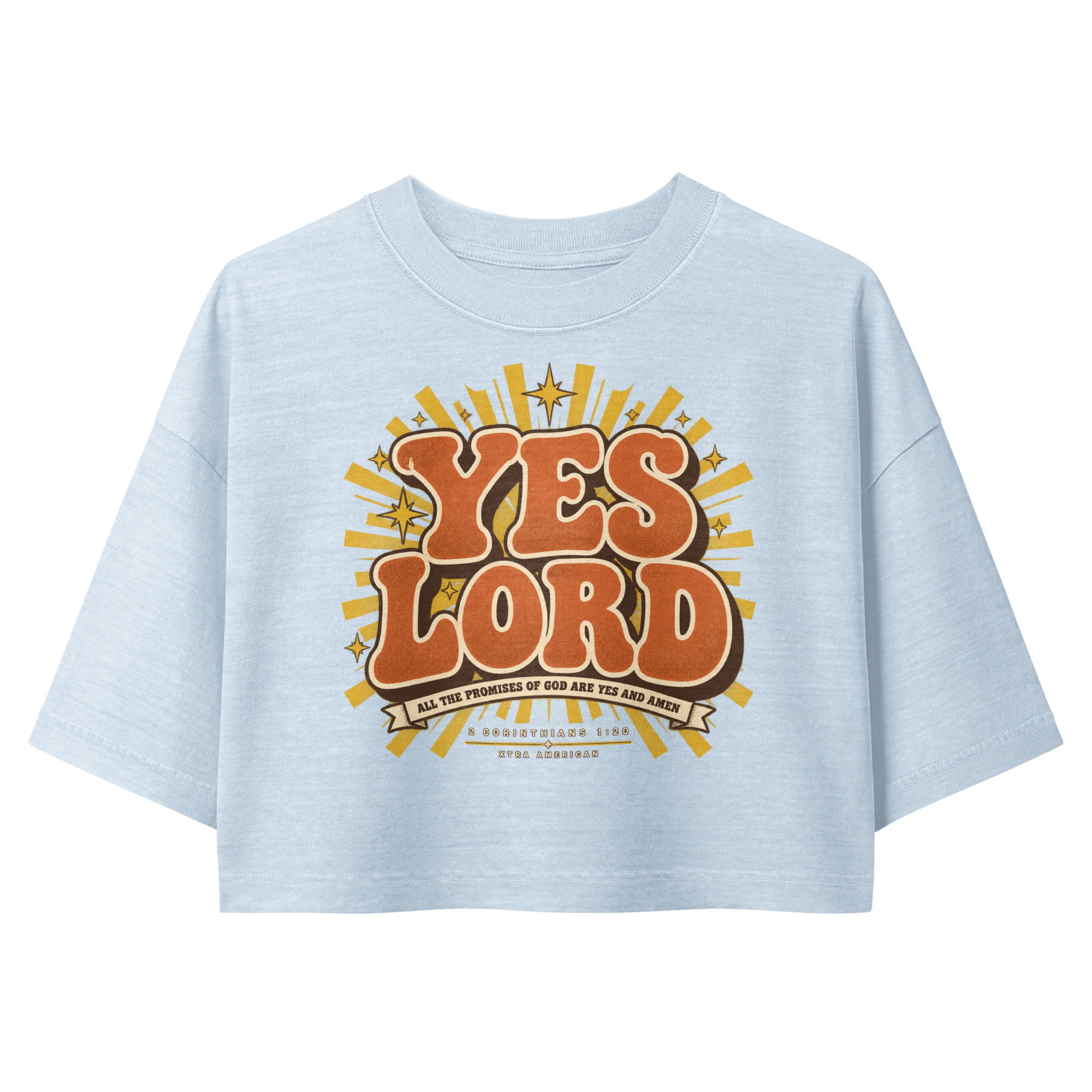 Yes Lord Crop — women's garment-dyed cropped tee light washed denim, front