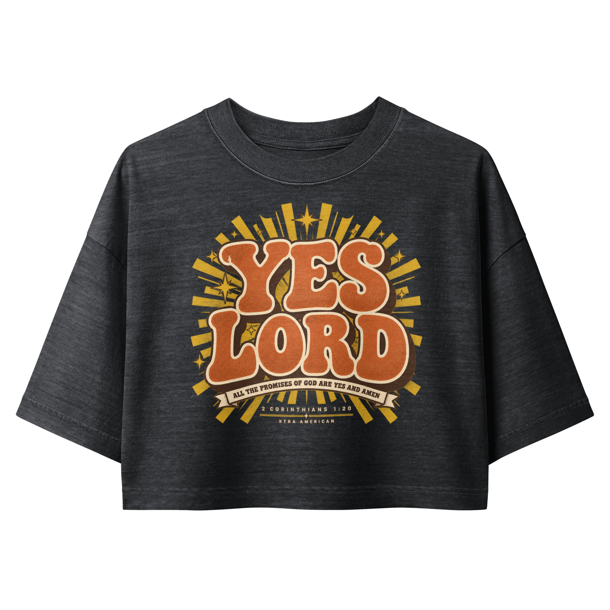 Yes Lord Crop — women's garment-dyed cropped tee washed black, front