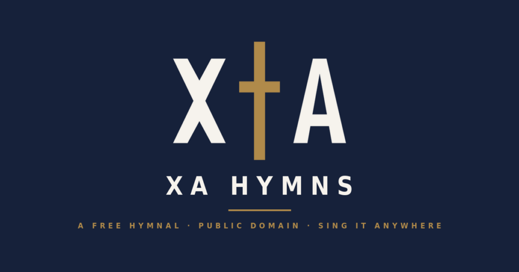 XA Hymns — a free hymnal. The X†A monogram with a brass cross on navy.