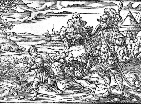 David and Goliath, woodcut by Virgil Solis, 1565
