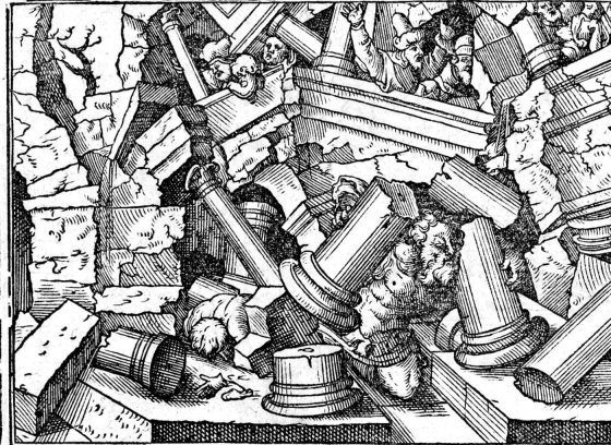 Samson Pulls Down the House, woodcut by Virgil Solis, 1565