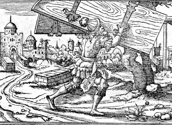 Samson Carries Away the Gates of Gaza, woodcut by Virgil Solis, 1565