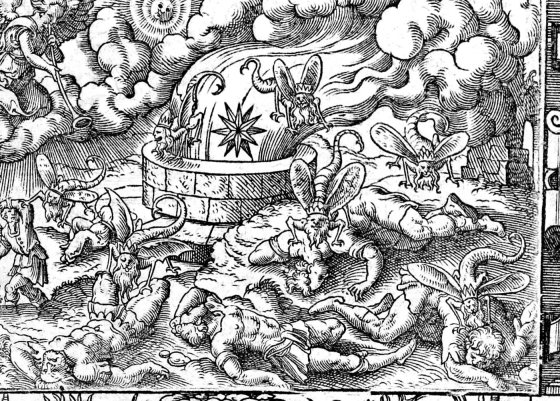 The Fifth Trumpet: the Locusts, woodcut by Virgil Solis, 1565