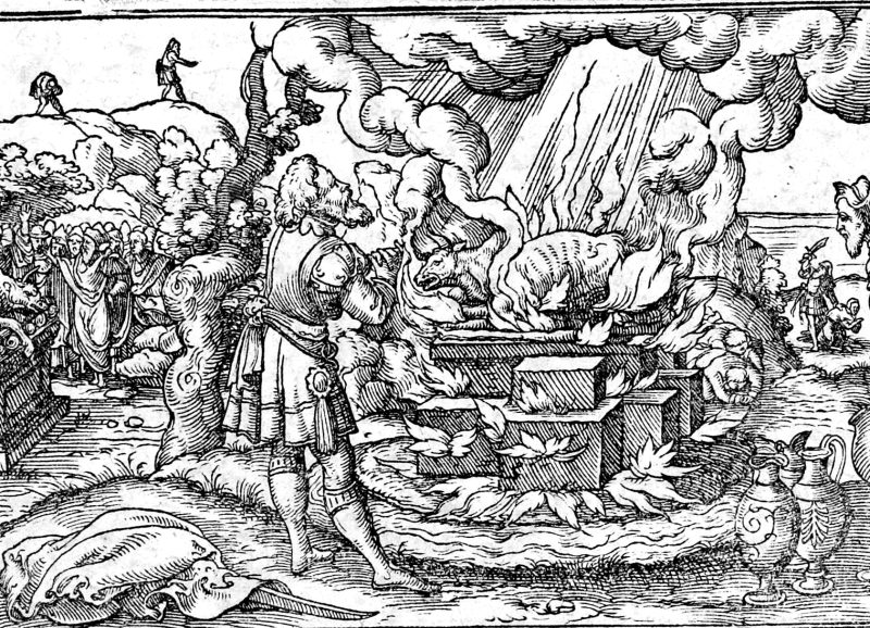 Elijah on Mount Carmel, woodcut by Virgil Solis