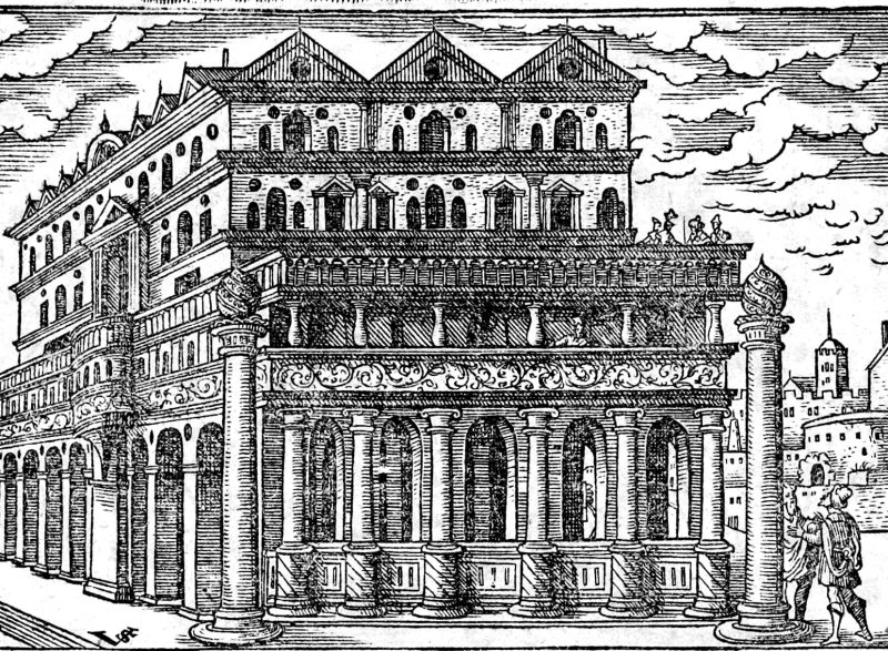 Solomon Builds the Temple, woodcut by Virgil Solis