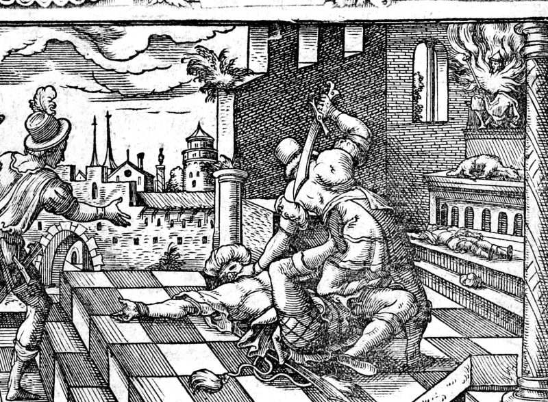 Mattathias Slays the Idolater, woodcut by Virgil Solis