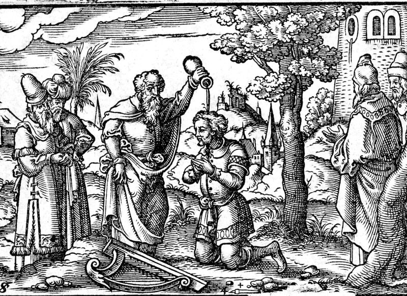 David Anointed and Saul's Torment, woodcut by Virgil Solis