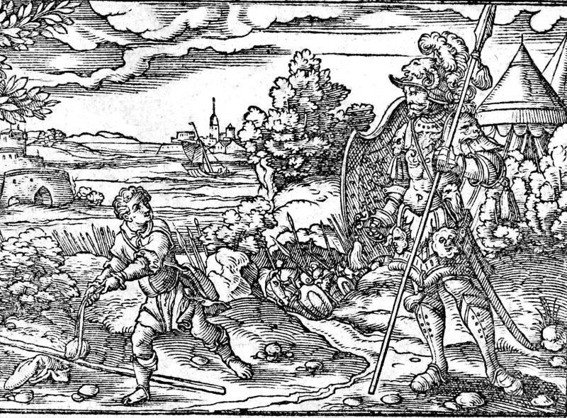 David and Goliath, woodcut by Virgil Solis