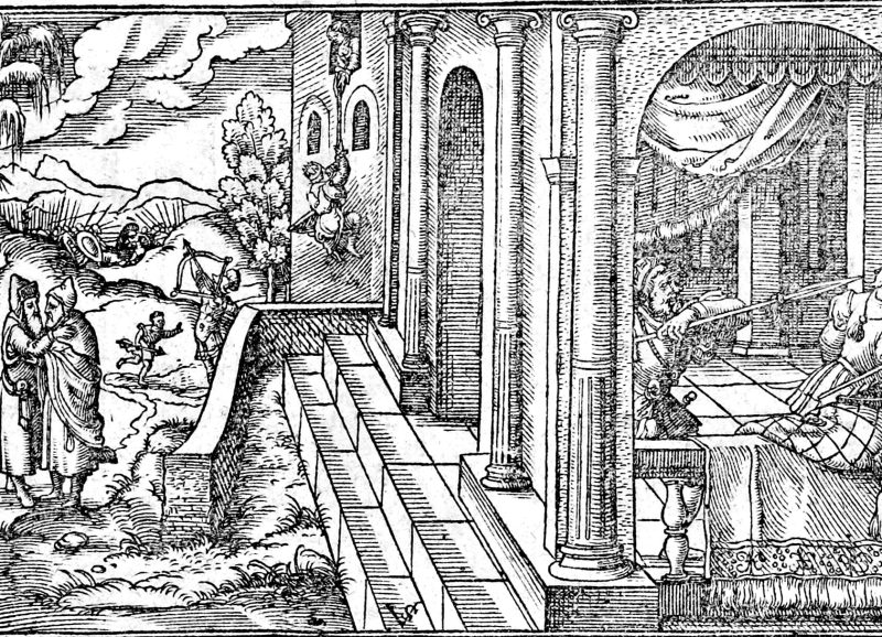 David Escapes Through the Window, woodcut by Virgil Solis