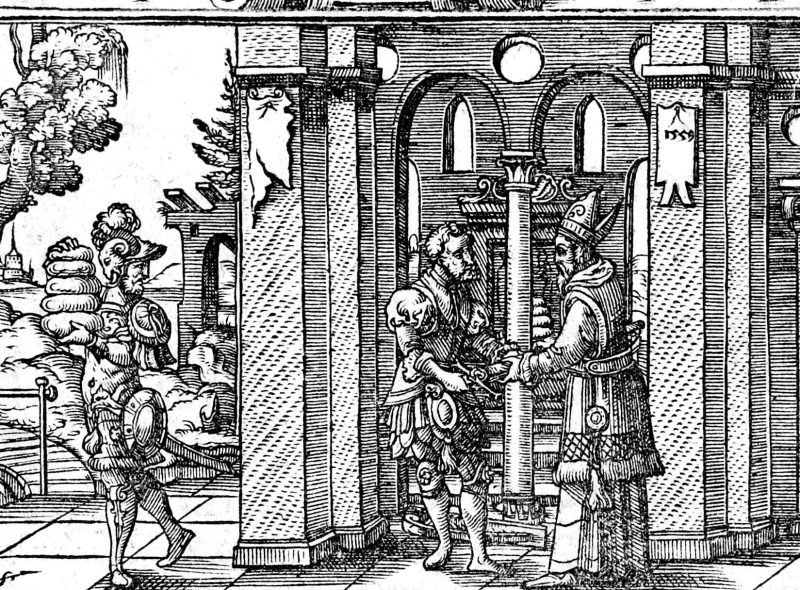 David at Nob and Before Achish, woodcut by Virgil Solis