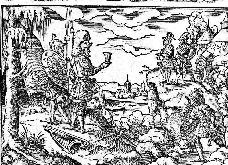 David Spares Saul, woodcut by Virgil Solis