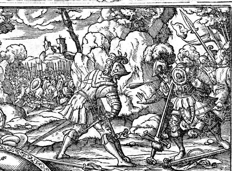 The Death of Saul, woodcut by Virgil Solis