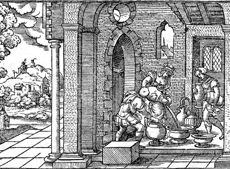 The Widow's Oil and the Shunammite's Son, woodcut by Virgil Solis
