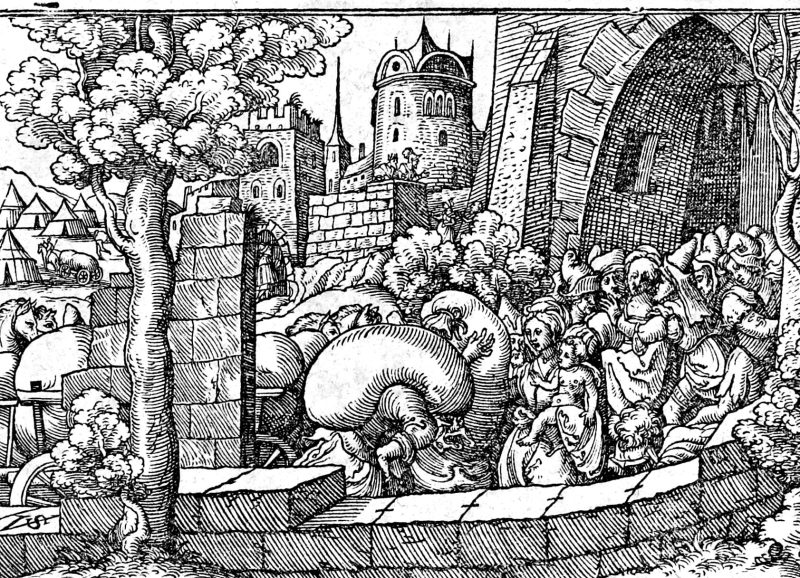 The Syrians Flee and Samaria Is Fed, woodcut by Virgil Solis