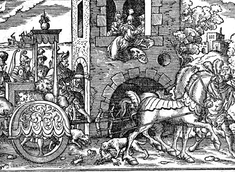 Jehu and the Death of Jezebel, woodcut by Virgil Solis