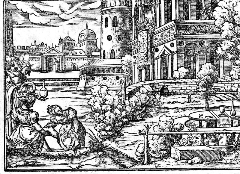 David and Bathsheba, woodcut by Virgil Solis
